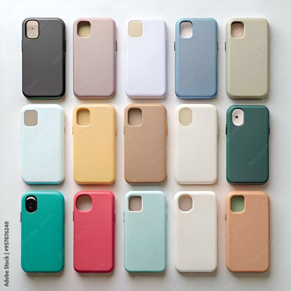 A colorful array of 12 phone cases in different colors and materials. A colorful array of 12 phone cases in different colors and materials.