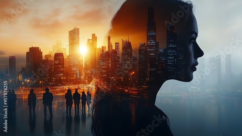 A double exposure of multinational businesspeople standing in a panoramic view of a city skyline, with tall buildings and busy streets, representing the heartbeat of urban growth and business success, photo