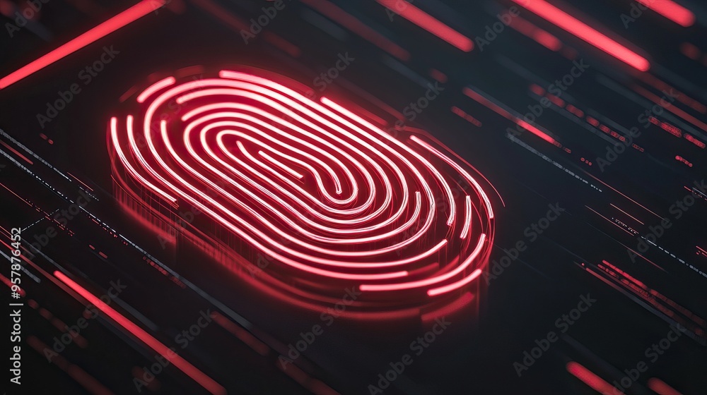 Glowing red digital fingerprint scan on dark background with light streaks Glowing red digital fingerprint scan on dark background with light streaks