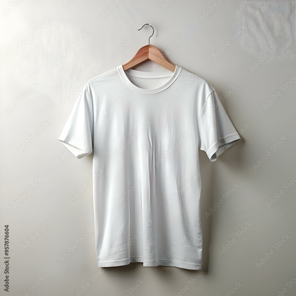 A clean. white t shirt hangs on a wooden hanger against a minimalist white backdrop. ready for your design. A clean. white t shirt hangs on a wooden hanger against a minimalist white backdrop. ready for your design.