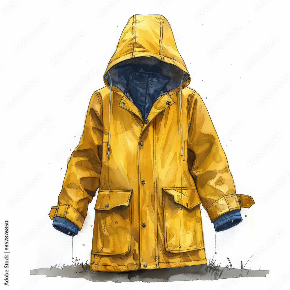 A yellow raincoat with a blue lining and hood is drawn in a childrens book style, with a white background and a hint of grass A yellow raincoat with a blue lining and hood is drawn in a childrens book style, with a white background and a hint of grass