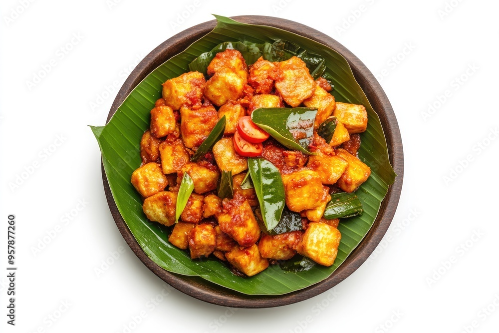 Spicy Tofu with Tomatoes and Green Leaves on a Banana Leaf in a Wooden Bowl