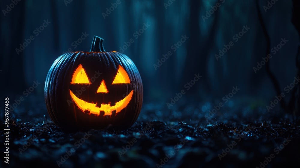 Spooky Halloween Jack-O-Lantern in Haunted Forest at Night with Copy Space for Text, Ultra HD Quality Spooky Halloween Jack-O-Lantern in Haunted Forest at Night with Copy Space for Text, Ultra HD Quality