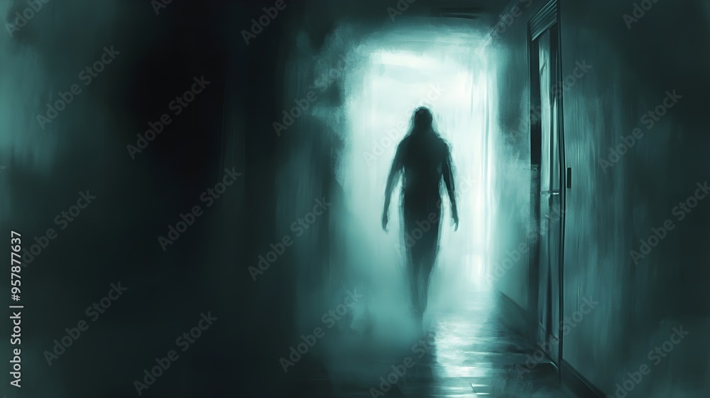 Mysterious Silhouette Walking Towards Light in a Dark Hallway Mysterious Silhouette Walking Towards Light in a Dark Hallway