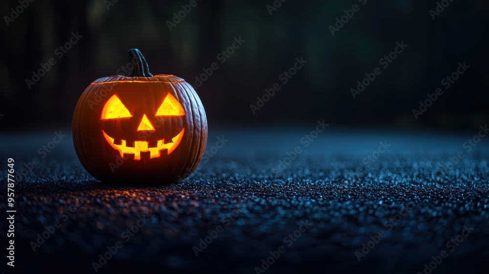 Eerie Halloween Scene: Single Jack-o'-Lantern on Desolate Street at Night with Copy Space, Selective Focus, Ultra HD Eerie Halloween Scene: Single Jack-o'-Lantern on Desolate Street at Night with Copy Space, Selective Focus, Ultra HD