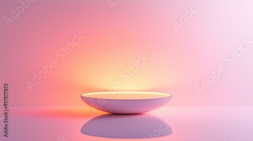 A minimalist 3D podium with a smooth, reflective surface, isolated on a soft white background with a gentle light gradient, perfect for perfume display