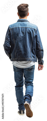 Young person walking away in denim attire isolated on transparent background