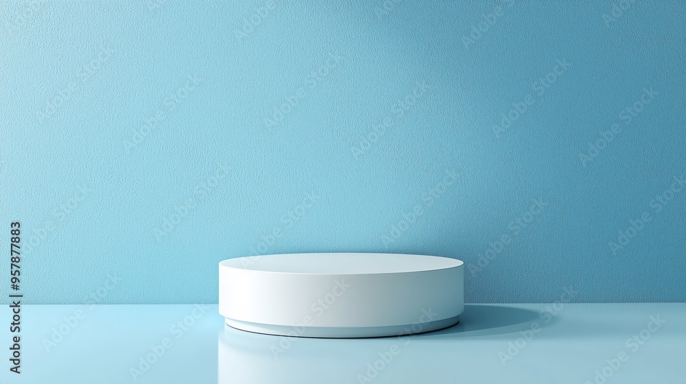 A minimalist podium with a glossy white finish, isolated on a light blue background with soft reflections, perfect for modern and clean perfume designs A minimalist podium with a glossy white finish, isolated on a light blue background with soft reflections, perfect for modern and clean perfume designs
