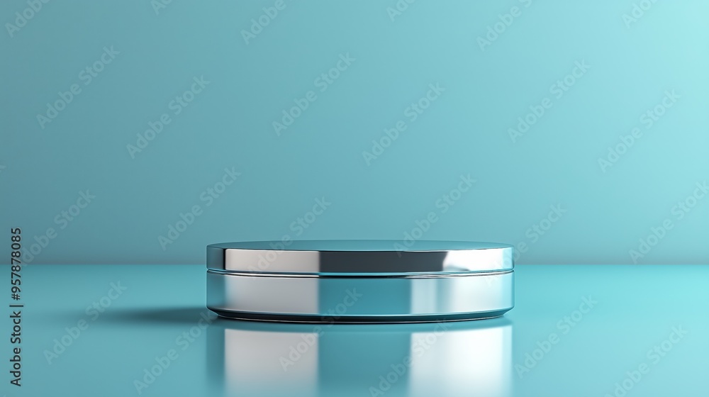 A futuristic metal podium with a brushed chrome finish, isolated on a soft blue background with subtle reflections, perfect for showcasing tech-inspired perfume bottles A futuristic metal podium with a brushed chrome finish, isolated on a soft blue background with subtle reflections, perfect for showcasing tech-inspired perfume bottles