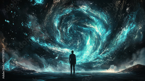 A person standing in front of an abstract, dark, swirling mass representing dark matter, symbolizing the unknown forces we will understand in the future, in a painted style with silver and neon blue