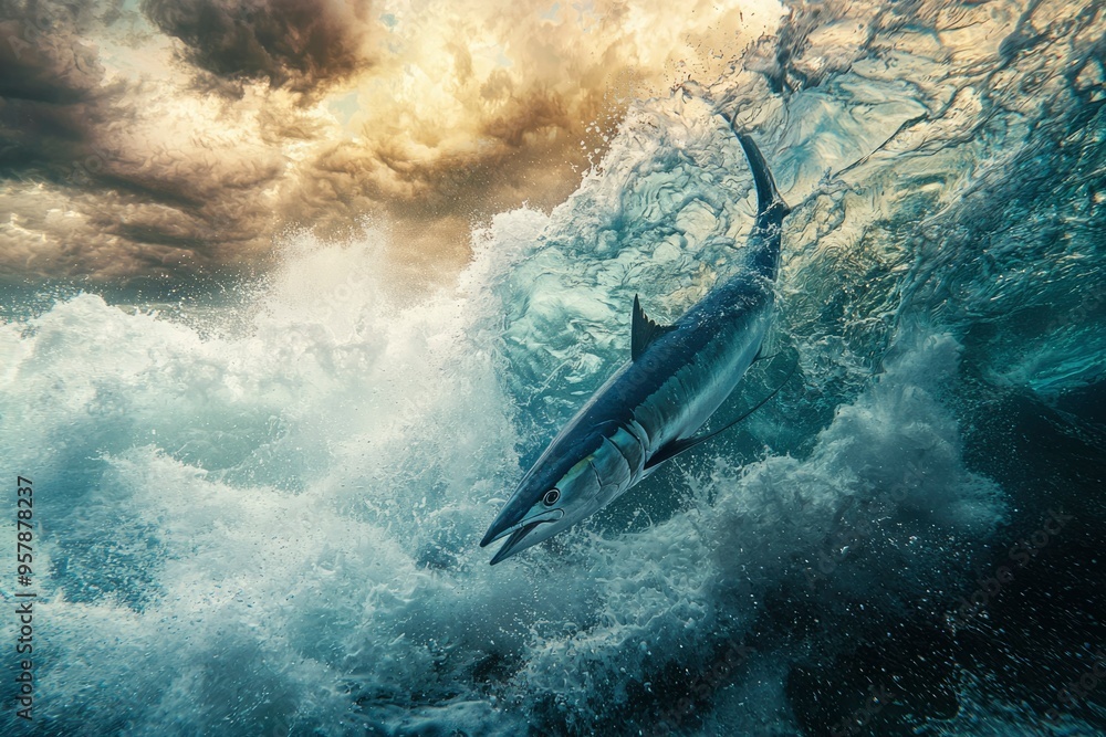 Obraz premium A Blue Marlin Leaps from the Ocean, Surrounded by a Wave and Stormy Clouds