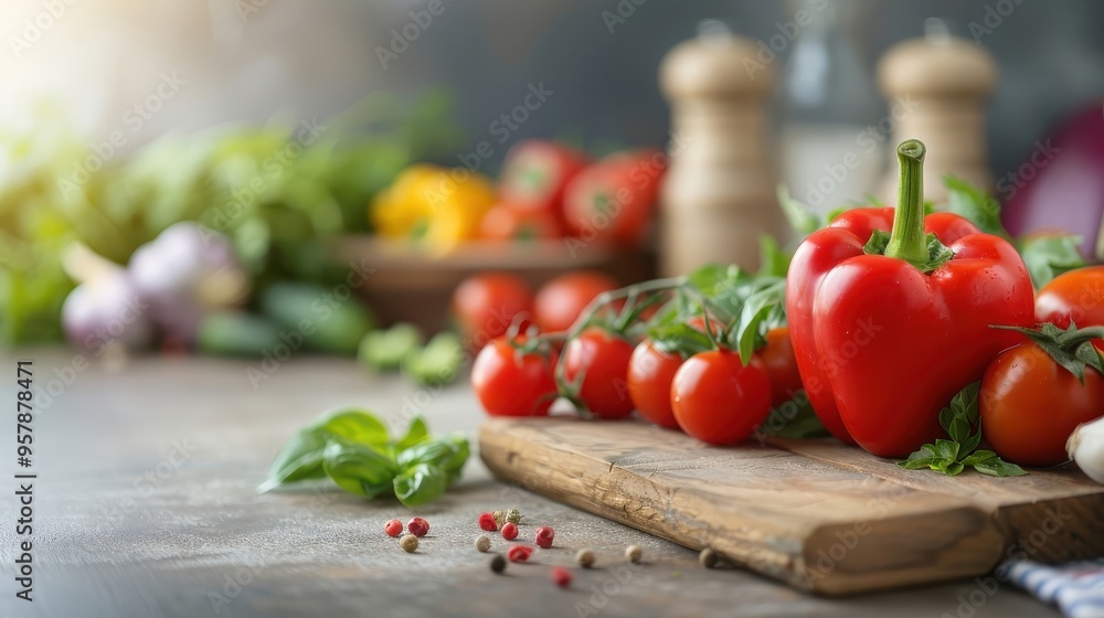 A vibrant red bell pepper on a rustic wooden cutting board with other vegetables. A vibrant red bell pepper on a rustic wooden cutting board with other vegetables.