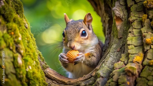 A plump baby squirrel clutches a nut tightly in its tiny paws, concealing it behind a leafy branch in the crook of a towering tree. photo