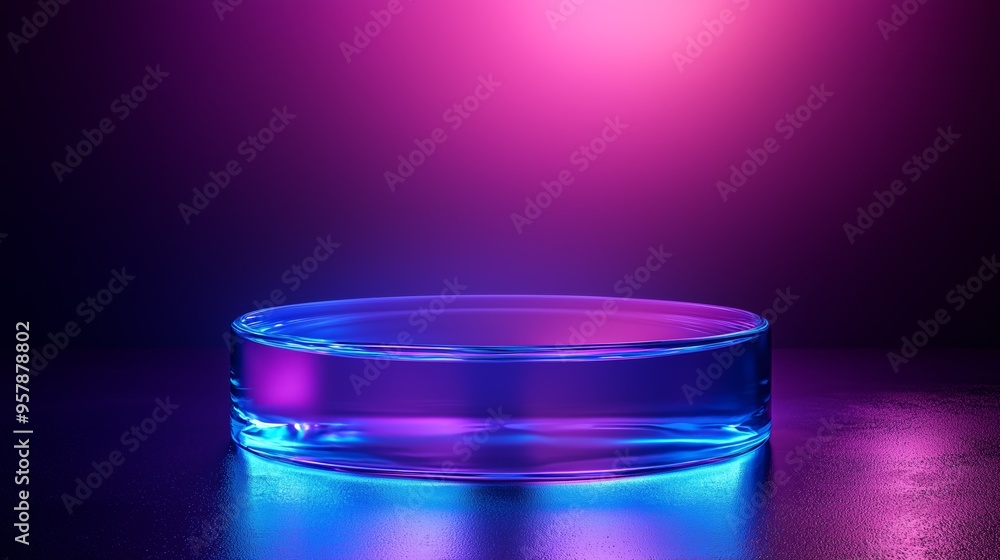A futuristic, transparent podium with a blue tint, highlighted on a dark purple background with glowing light accents, ideal for contemporary perfume bottles A futuristic, transparent podium with a blue tint, highlighted on a dark purple background with glowing light accents, ideal for contemporary perfume bottles
