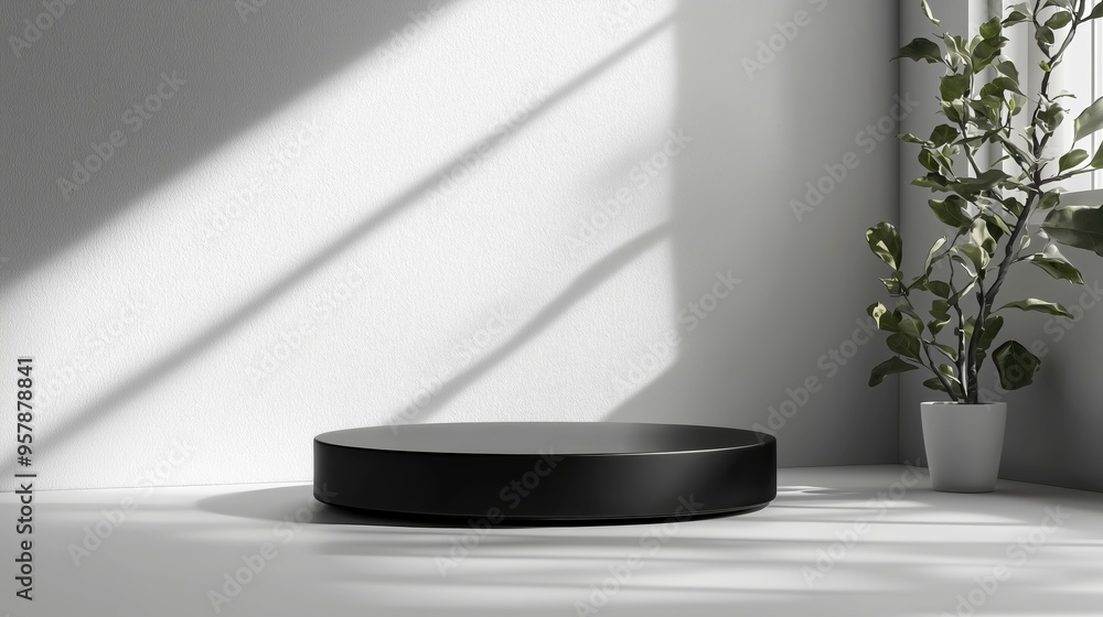 A minimalist podium with a matte black surface, highlighted on a bright white background with strong contrast, ideal for contemporary perfume designs A minimalist podium with a matte black surface, highlighted on a bright white background with strong contrast, ideal for contemporary perfume designs