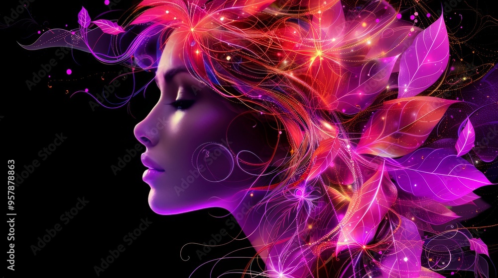 Glowing Beauty Side Profile of a Woman Adorned with Vibrant, Luminous, Abstract Floral Design Glowing Beauty Side Profile of a Woman Adorned with Vibrant, Luminous, Abstract Floral Design