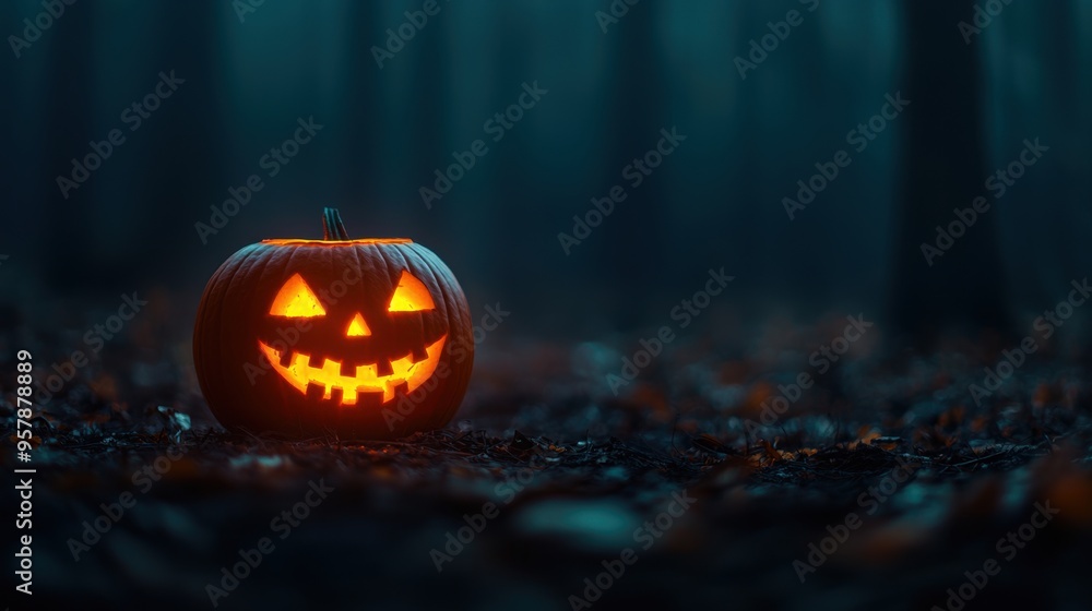 Enchanting Halloween Jack-o'-lantern in Dark Forest Setting with Copy Space, Selective Focus | Ultra HD Enchanting Halloween Jack-o'-lantern in Dark Forest Setting with Copy Space, Selective Focus | Ultra HD