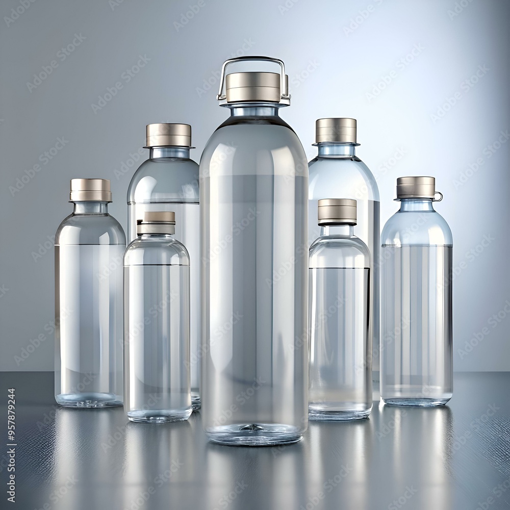 A group of six clear glass bottles with silver lids. perfect for showcasing your product design or branding. A group of six clear glass bottles with silver lids. perfect for showcasing your product design or branding.