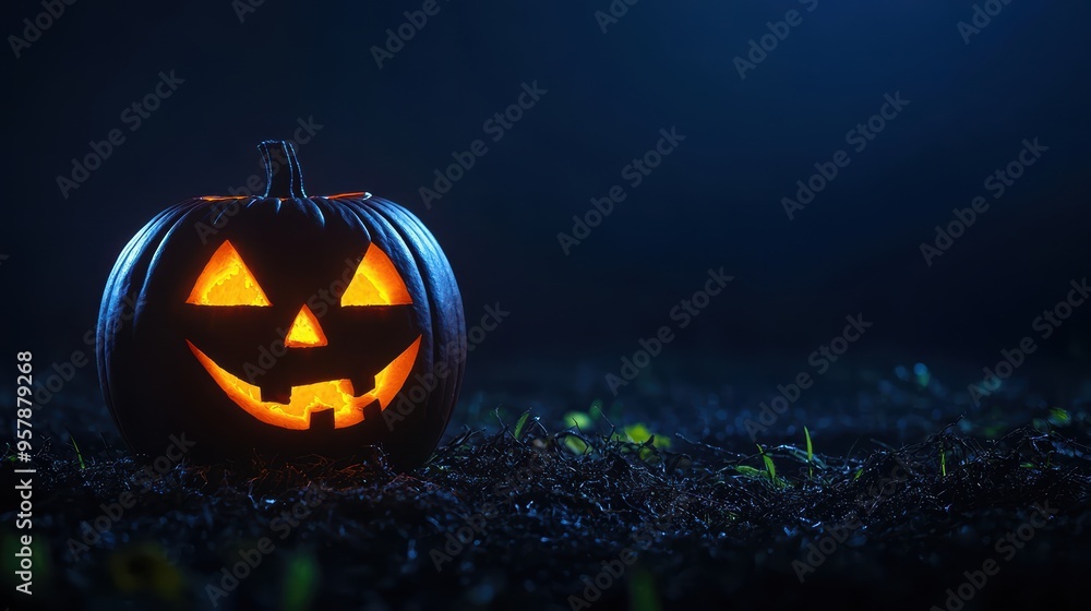 Glowing Jack-o'-Lantern on Desolate Halloween Farm at Night with Copy Space, Selective Focus - Ultra HD Glowing Jack-o'-Lantern on Desolate Halloween Farm at Night with Copy Space, Selective Focus - Ultra HD