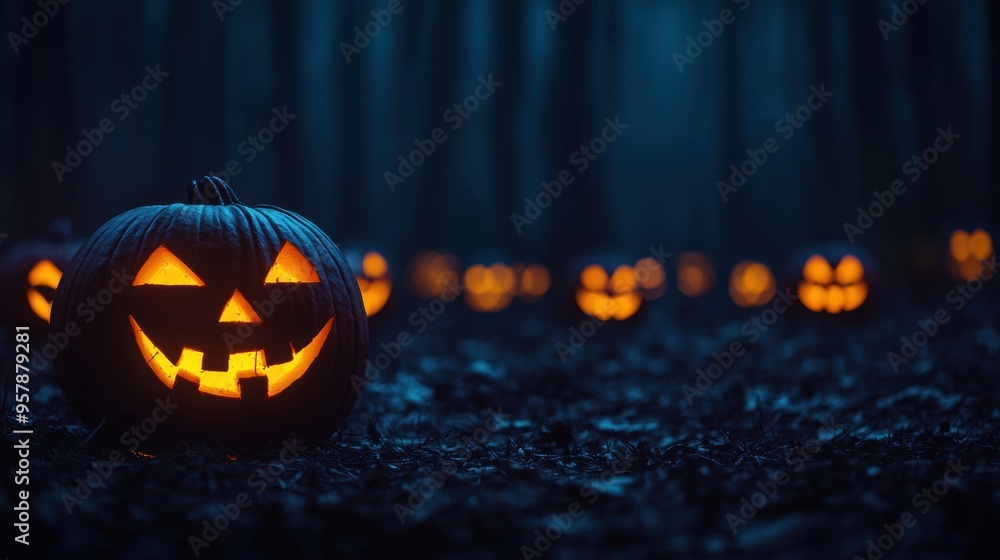 Enchanted Halloween Trail in Dark Woods with Glowing Jack-O'-Lanterns - Spooky Forest Scene with Copy Space for Text and Selective Focus, Ultra HD Enchanted Halloween Trail in Dark Woods with Glowing Jack-O'-Lanterns - Spooky Forest Scene with Copy Space for Text and Selective Focus, Ultra HD