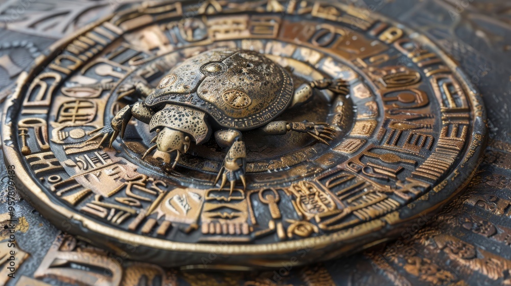 Obraz premium Ancient Egyptian Scarab Beetle Sculpture on Circular Ornament with Hieroglyphics in Gold and Bronze