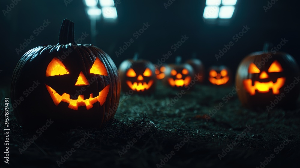 Dark and Eerie Halloween Pumpkins in Creepy Attic - Spooky Jack-o'-lanterns with Glowing Faces, Copy Space for Text, Selective Focus, Ultra HD Dark and Eerie Halloween Pumpkins in Creepy Attic - Spooky Jack-o'-lanterns with Glowing Faces, Copy Space for Text, Selective Focus, Ultra HD