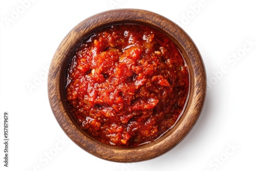 Red Sauce in a Wooden Bowl on a White Background