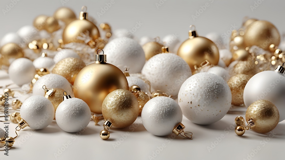 3d render. Winter holiday wallpaper. Festive white and gold Christmas ornaments and baubles. Empty glass snow ball isolated on white background. 3d render. Winter holiday wallpaper. Festive white and gold Christmas ornaments and baubles. Empty glass snow ball isolated on white background.