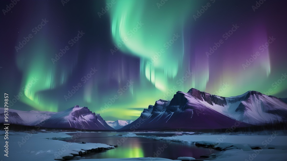 Northern lights background with vibrant green and purple hues Northern lights background with vibrant green and purple hues