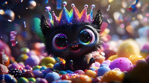 Cute Cartoon Monster with Crown in Candyland