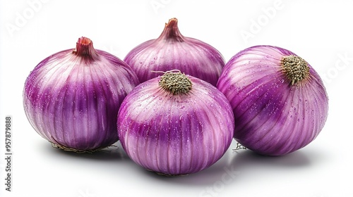 Red Onions: A vibrant cluster of four red onions, their rich purple hues and intricate patterns illuminated against a crisp white backdrop, offering a fresh and flavorful visual for culinary inspirati