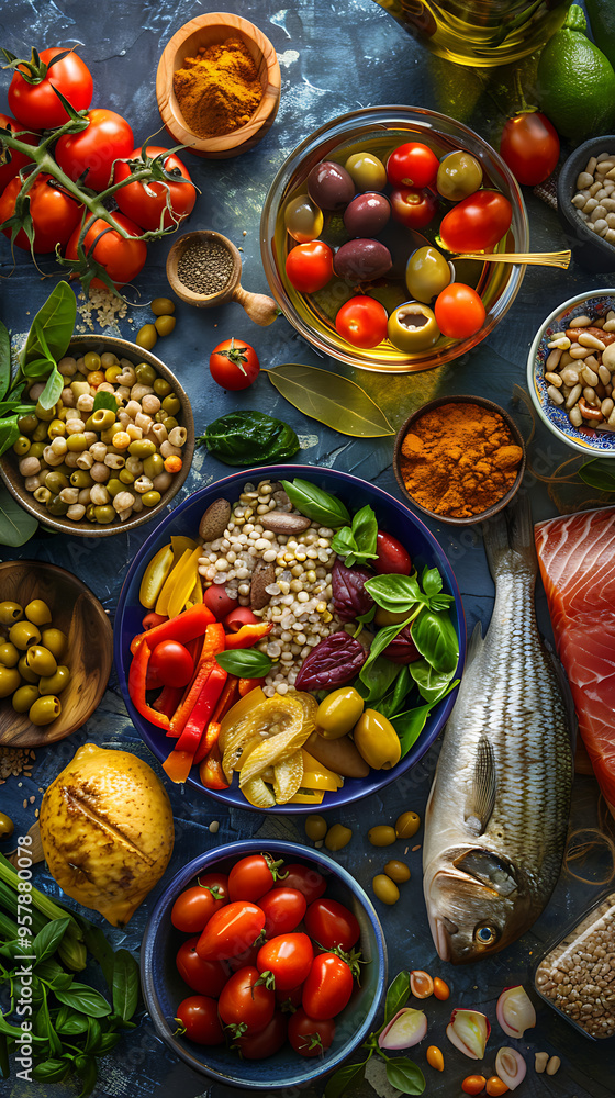 Vibrant Mediterranean Diet Staples Spread with Whole Grains, Olive Oil, Fresh Vegetables, and Fish Vibrant Mediterranean Diet Staples Spread with Whole Grains, Olive Oil, Fresh Vegetables, and Fish