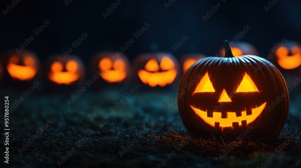Spooky Halloween Atmosphere with Glowing Jack-O'-Lanterns in the Dark | Selective Focus, Copy Space for Text, Ultra HD Quality Spooky Halloween Atmosphere with Glowing Jack-O'-Lanterns in the Dark | Selective Focus, Copy Space for Text, Ultra HD Quality
