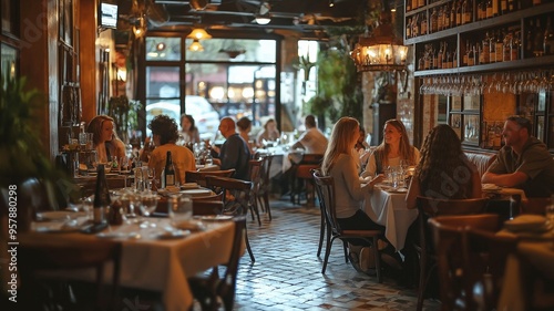 In a vibrant setting, patrons of an Italian restaurant partake in their meals while chatting and laughing.