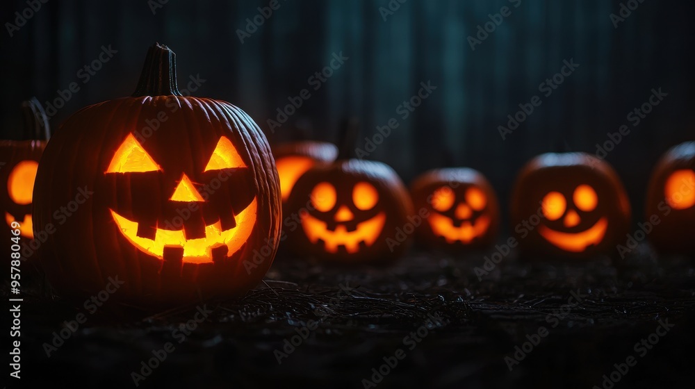 Spooky Jack-o'-Lanterns with Various Expressions in Dimly Lit Basement Setting - Halloween Decoration Concept Spooky Jack-o'-Lanterns with Various Expressions in Dimly Lit Basement Setting - Halloween Decoration Concept