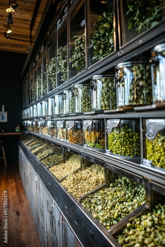 A local brewery featuring a wall of hop varieties. The brewer is selecting hops for a new batch of beer, Generative AI photo