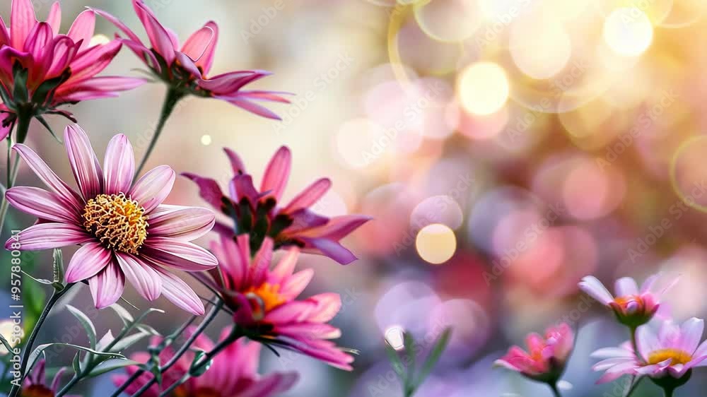 Vibrant blooming flowers in a garden during golden hour with soft bokeh lighting in the background Vibrant blooming flowers in a garden during golden hour with soft bokeh lighting in the background