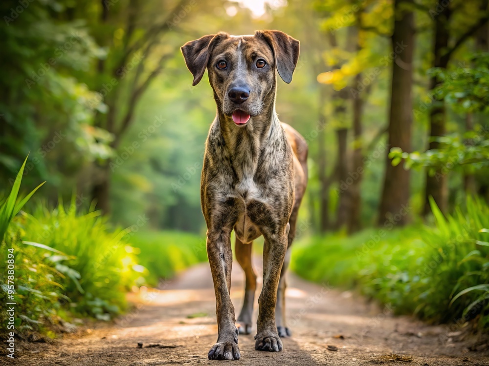 A brindle Catahoula leopard dog ambles along a winding natural trail, its vibrant coat blending with the surroundings in a display of harmony. A brindle Catahoula leopard dog ambles along a winding natural trail, its vibrant coat blending with the surroundings in a display of harmony.