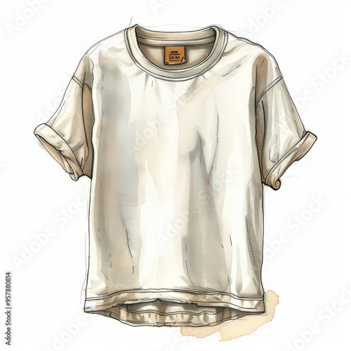 A simple illustration of a white t-shirt with rolled sleeves drawn in a cartoon style, perfect for childrens books photo