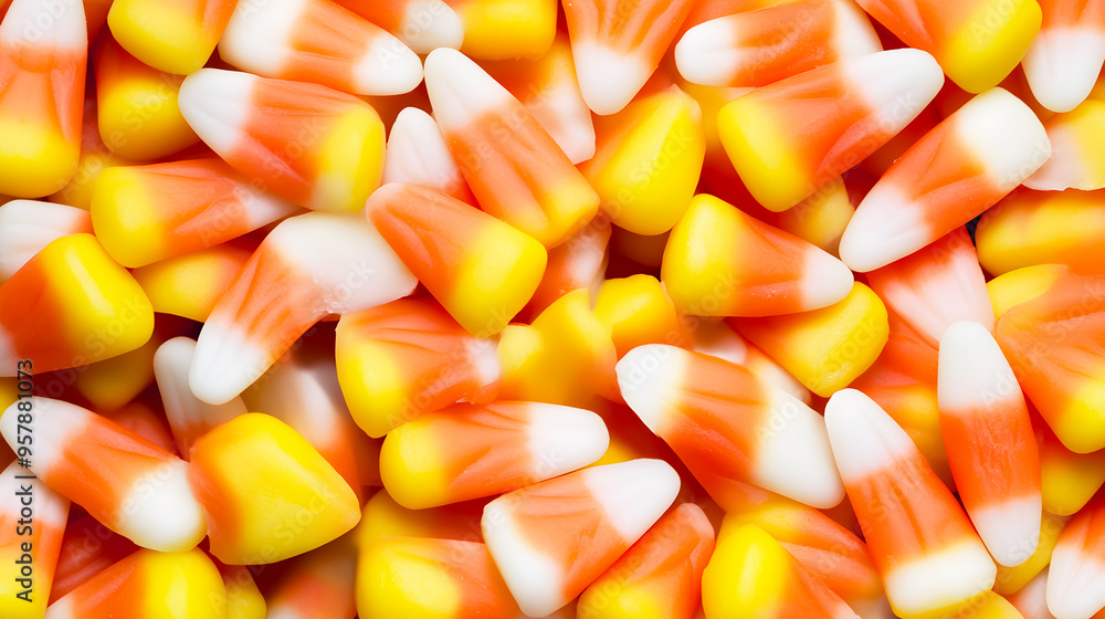 pile of classic candy corn, with its distinctive yellow, orange, and white layers pile of classic candy corn, with its distinctive yellow, orange, and white layers