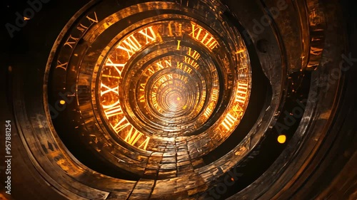 Exploring a captivating spiral of ancient clock faces illuminated in gold during a mysterious journey through time
