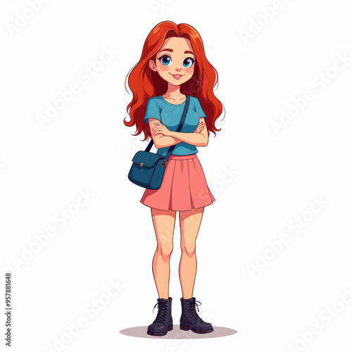 Smiling Woman with Red Hair and Blue Skirt, Standing with Hands on Hips