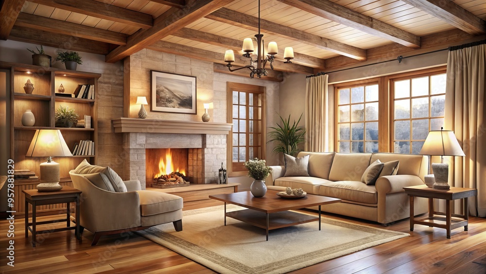 a photo image of a cozy living room with warm beige paneling, wooden beams, and soft lighting illuminating a crackling fireplace. a photo image of a cozy living room with warm beige paneling, wooden beams, and soft lighting illuminating a crackling fireplace.