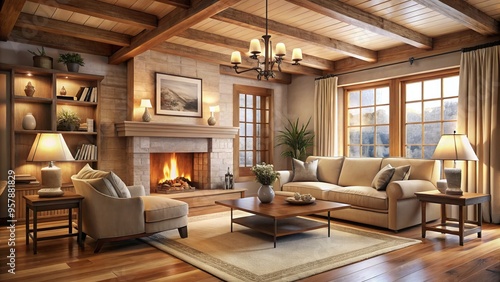 a photo image of a cozy living room with warm beige paneling, wooden beams, and soft lighting illuminating a crackling fireplace.