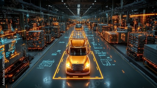 Wallpaper Mural Self-Driving Semi-Truck Navigating a Factory Floor with Holographic Guidance Torontodigital.ca