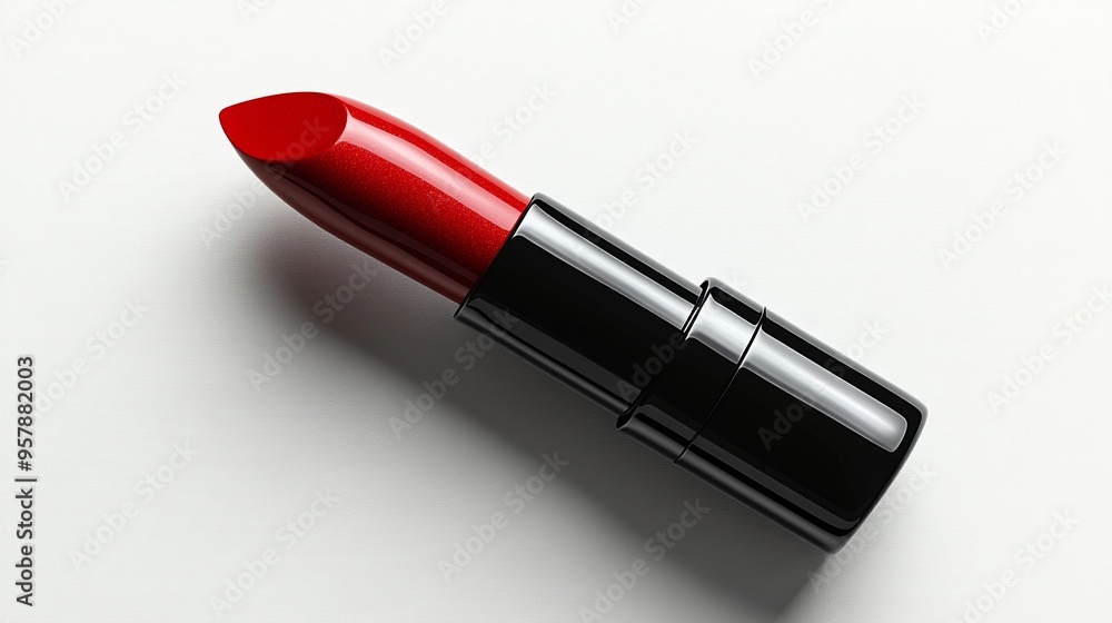 Crimson Allure: A single, vibrant red lipstick rests on a pristine white backdrop, its sleek black casing reflecting the bold confidence it exudes. Crimson Allure: A single, vibrant red lipstick rests on a pristine white backdrop, its sleek black casing reflecting the bold confidence it exudes.