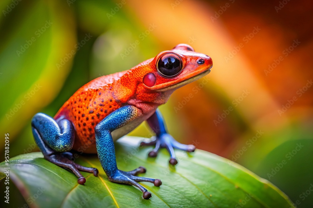 A photo image of a brightly colored strawberry poison frog perched on a leaf, with a subtle background blur and soft focus. A photo image of a brightly colored strawberry poison frog perched on a leaf, with a subtle background blur and soft focus.