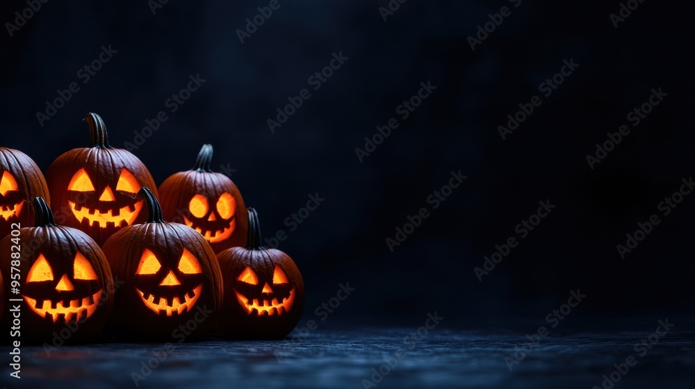 Glowing Jack-O'-Lantern Faces in Moonlight Semicircle Glowing Jack-O'-Lantern Faces in Moonlight Semicircle