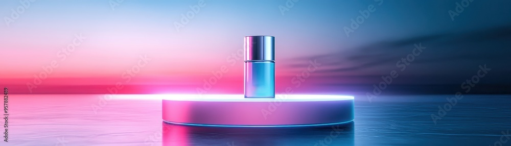 Stylish perfume bottle illuminated by colorful lights against a serene backdrop, perfect for beauty and fragrance promotions. Stylish perfume bottle illuminated by colorful lights against a serene backdrop, perfect for beauty and fragrance promotions.