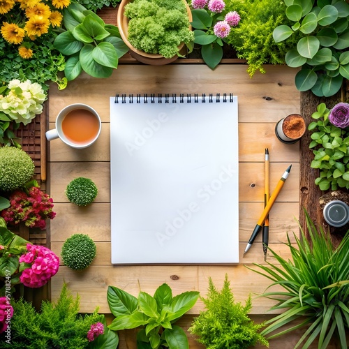 A blank sketchbook rests on a rustic wooden table. surrounded by lush greenery and a cup of tea. photo